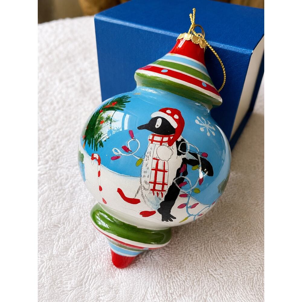 Pier 1 Li Bien glass ornament featuring handpainted penguin design original box